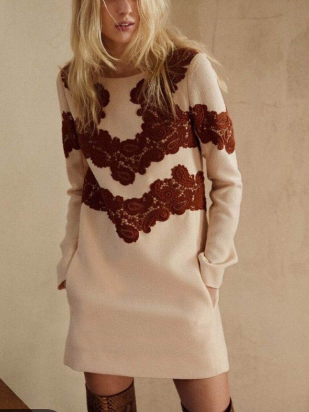 Vintage CHLOE Beige Lace-Trim Wool Mini Dress Pre-Fall 2015 Size 6